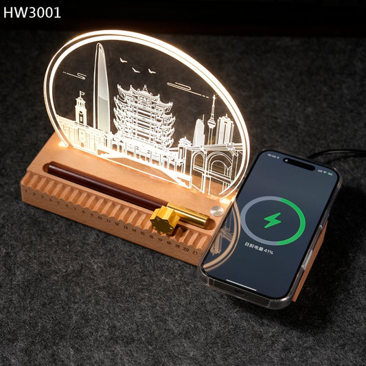 HW3001 齒輪萬年曆帶無線充電小夜燈實木獎座