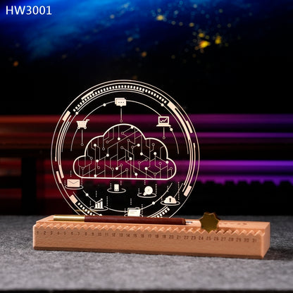 HW3001 齒輪萬年曆帶無線充電小夜燈實木獎座