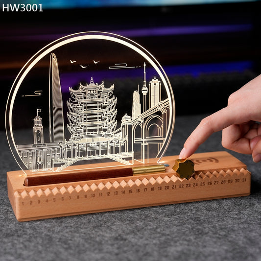 HW3001 齒輪萬年曆帶無線充電小夜燈實木獎座