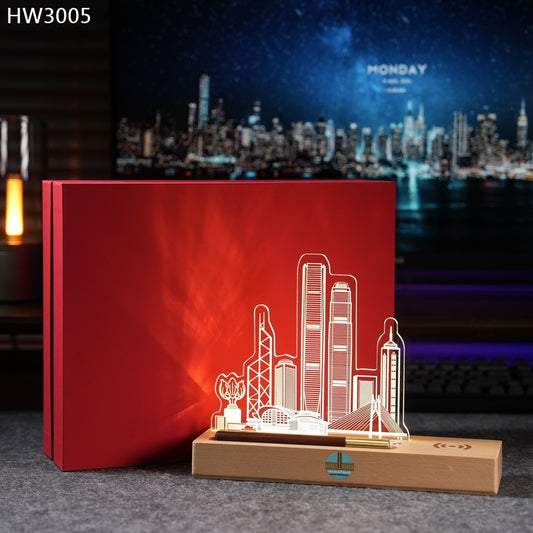 HW3005 香港建築物無線充電實木小夜燈獎座