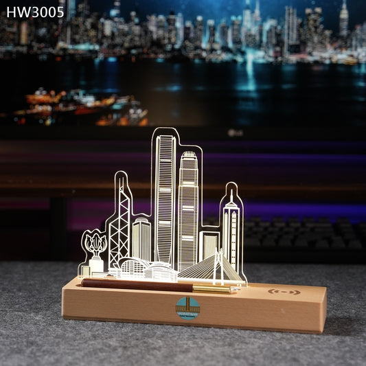 HW3005 香港建築物無線充電實木小夜燈獎座