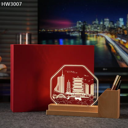 HW3007 實木筆筒亞加歷小夜燈獎座