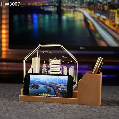 HW3007 實木筆筒亞加歷小夜燈獎座