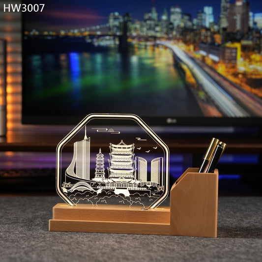 HW3007 實木筆筒亞加歷小夜燈獎座