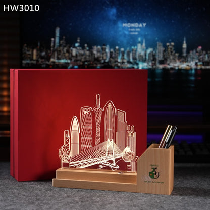 HW3010 粵港澳建築物實木亞加歷小夜燈筆筒獎座