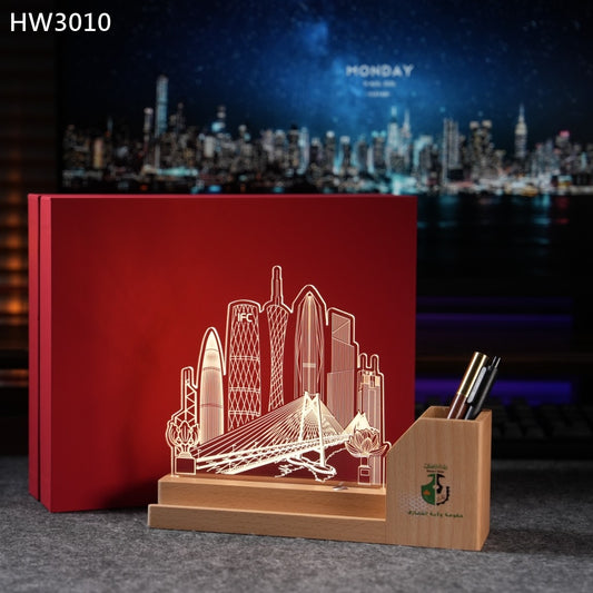 HW3010 粵港澳建築物實木亞加歷小夜燈筆筒獎座