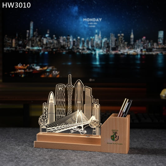 HW3010 粵港澳建築物實木亞加歷小夜燈筆筒獎座