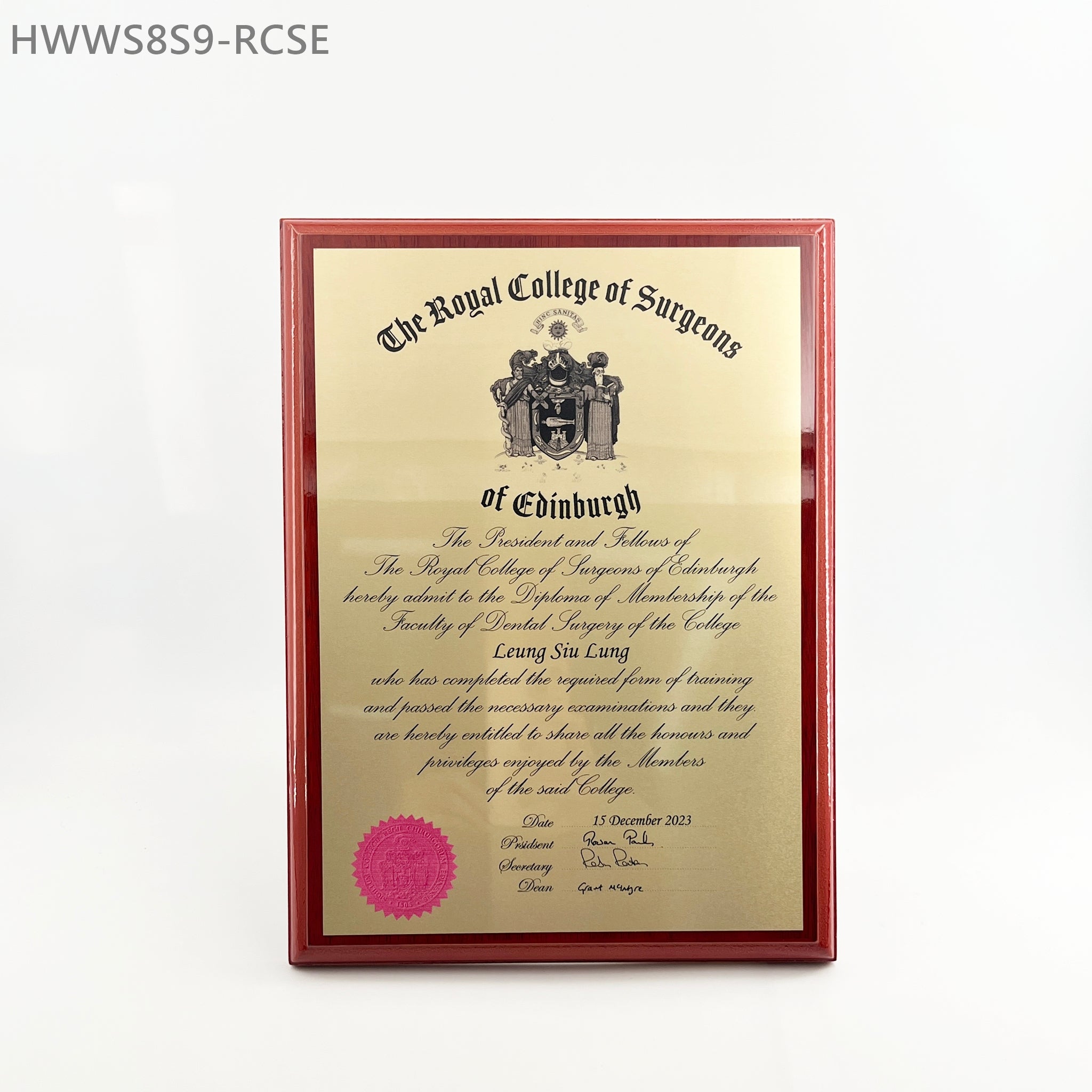 HWWS8S9-RCSE Royal College of Surgons of Edinburgh 診所掛牆木證書 – OH MY GIFT