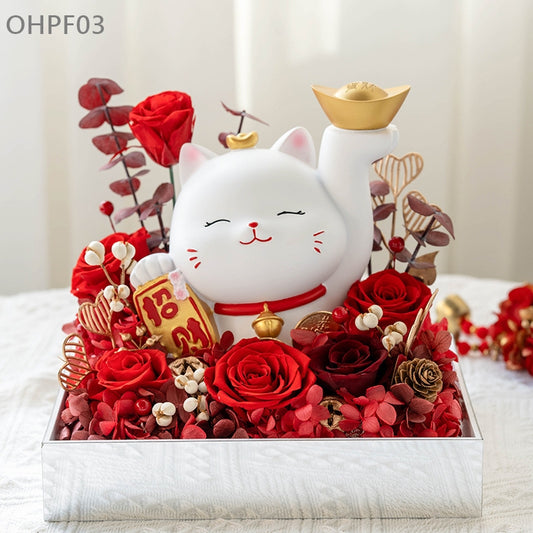 OHPF03 紅色永生花招財貓花盒