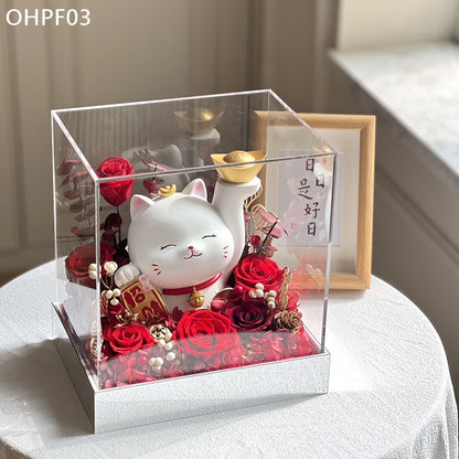 OHPF03 紅色永生花招財貓花盒