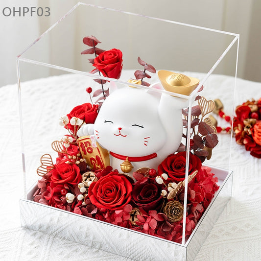 OHPF03 紅色永生花招財貓花盒