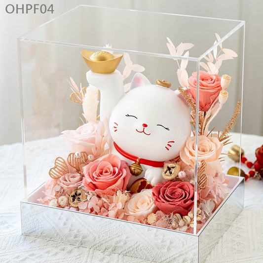 OHPF04  粉紅色永生花招財貓花盒