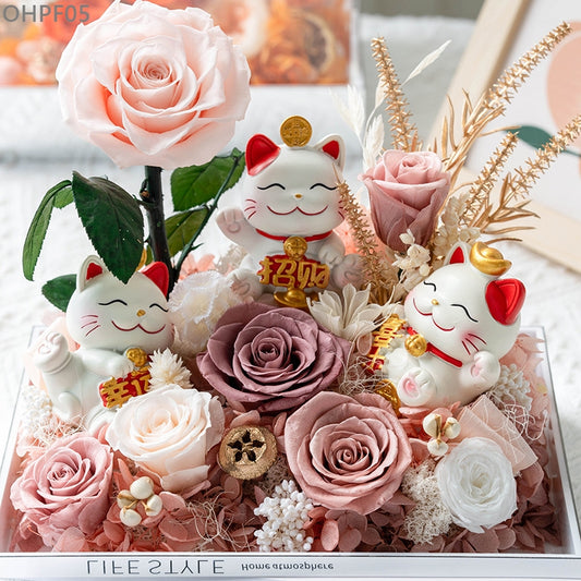OHPF05 吉祥如意永生花招財貓花盒