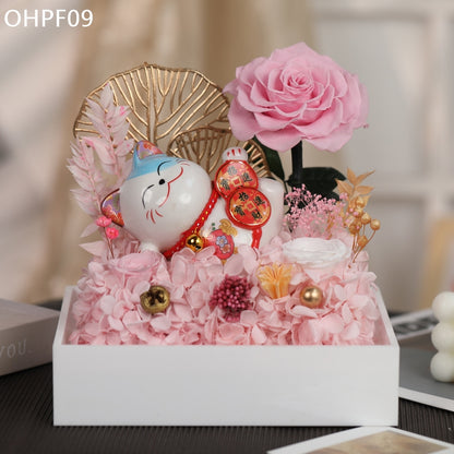 OHPF09 招財進寶永生花招財貓花盒