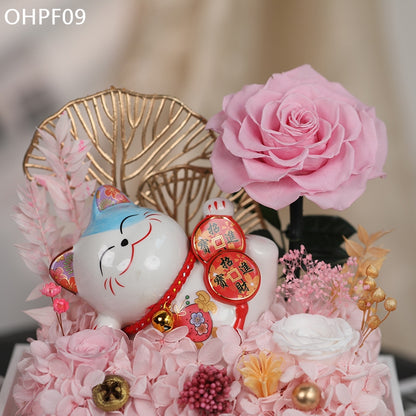 OHPF09 招財進寶永生花招財貓花盒