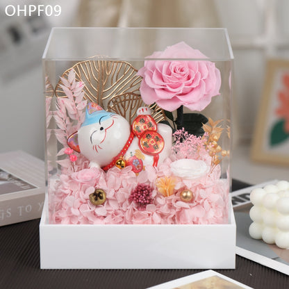 OHPF09 招財進寶永生花招財貓花盒