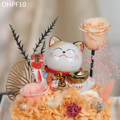 OHPF10 招福開運永生花招財貓花盒