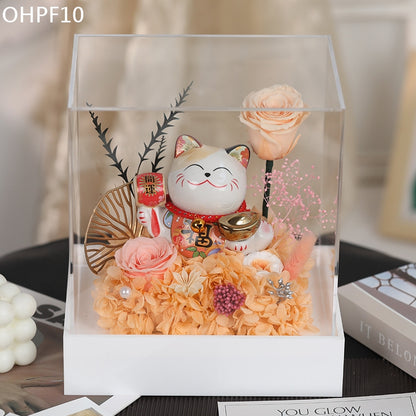 OHPF10 招福開運永生花招財貓花盒