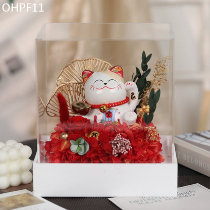 OHPF11  錢賺八方永生花招財貓花盒