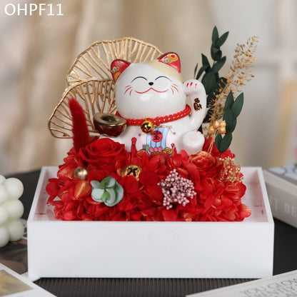 OHPF11  錢賺八方永生花招財貓花盒
